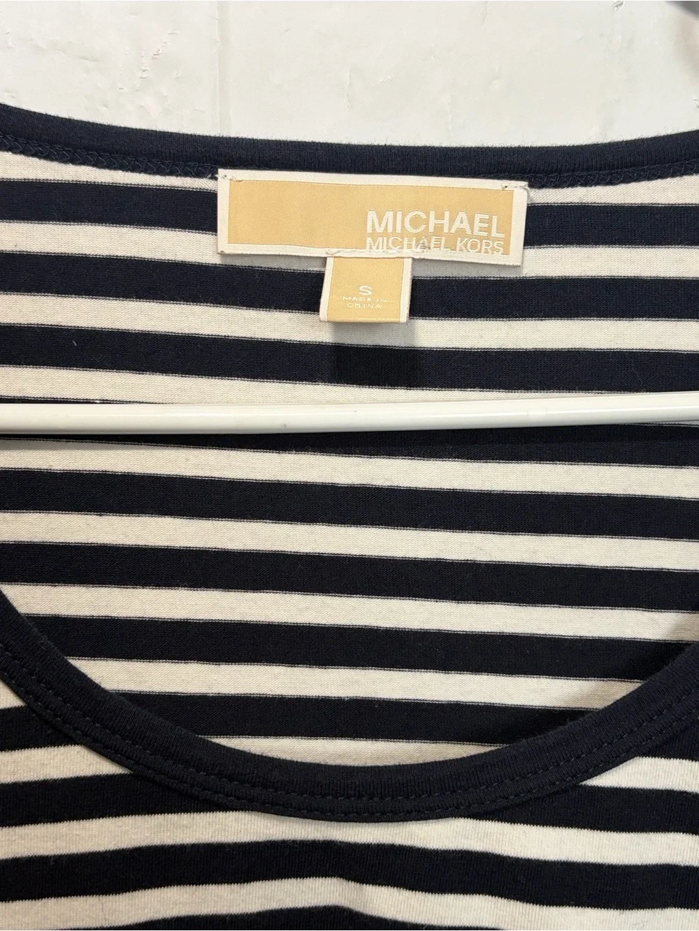 Michael Kors Navy and White Striped Long Sleeve Scoop Neck Top
